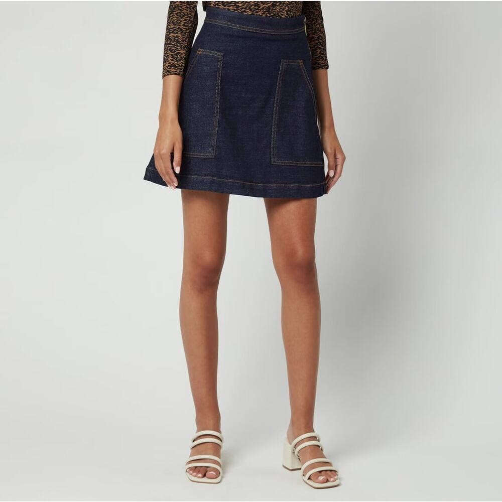 Ted Baker Dark Wash Denim Skirt Sz 1 (US 4) Blue Jean Gold Zip Short Mini Casual